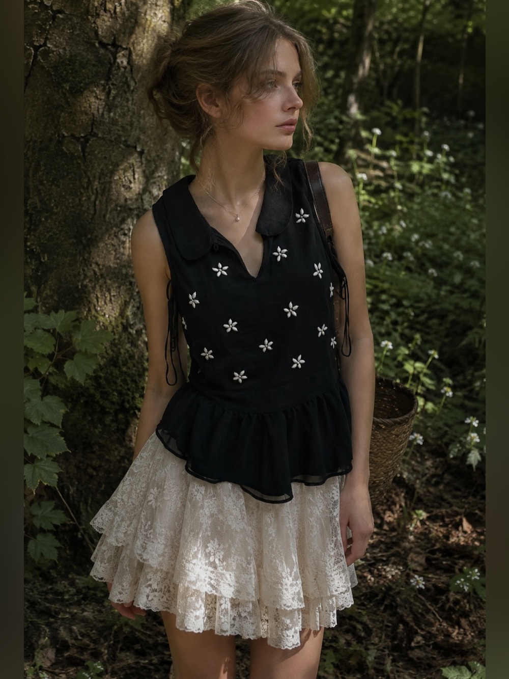 Willow and Clay ruffle black beaded flowers top Sz S NWOT